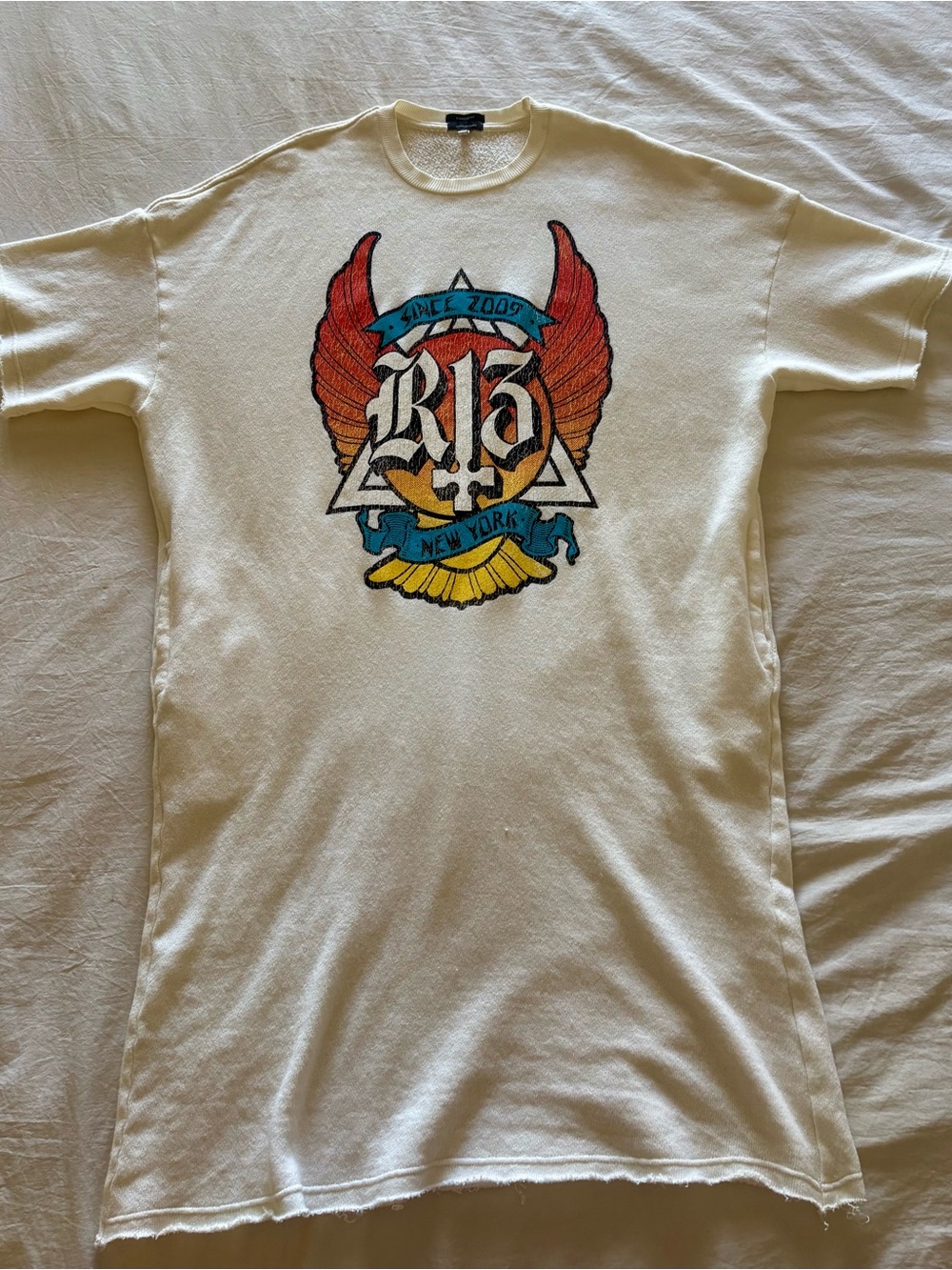 R13 Cream Long Sleeve Tee with Multicolor Wing Crest Graphic